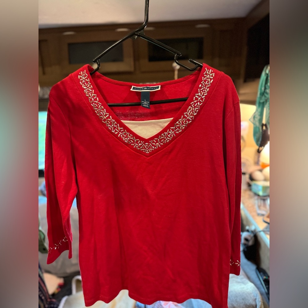 Kendra Scott Red Embroidered V-Neck Blouse
